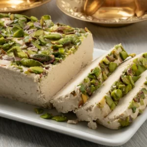 plate with traditional turkish pistachio halva and slices close up